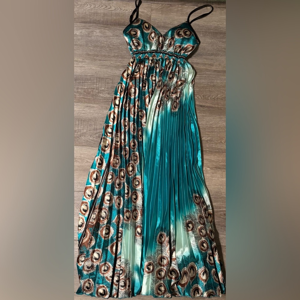 Blue and Brown Pleated Maxi Sundress with Spaghetti Straps